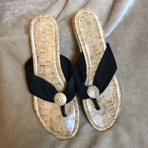 Black jewel thong flip flop mini wedge sandals